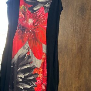 Black Dress with Bold Red Floral Panel